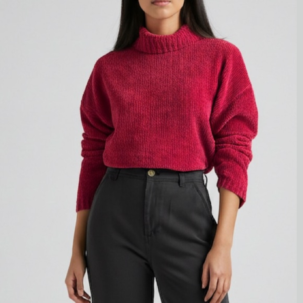 Vintage 90’s Basic Editions Chenille Turtleneck Sweater Oversized Tunic Red EUC